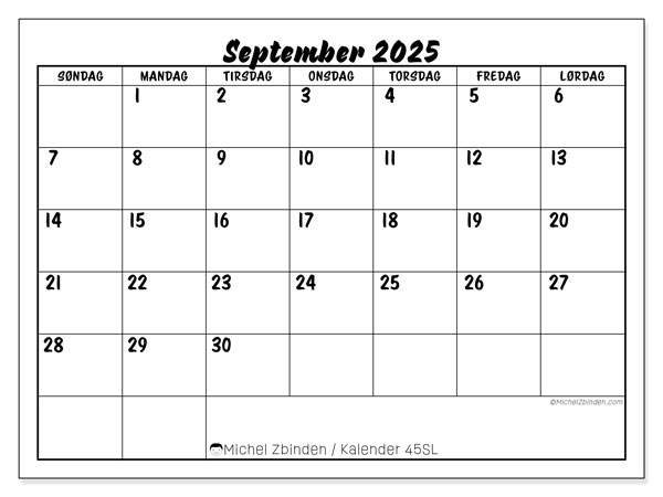 Kalender til udskrivning, september 2025, 45SL