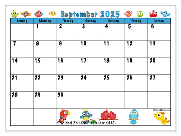 Kalender til udskrivning, september 2025, 483SL