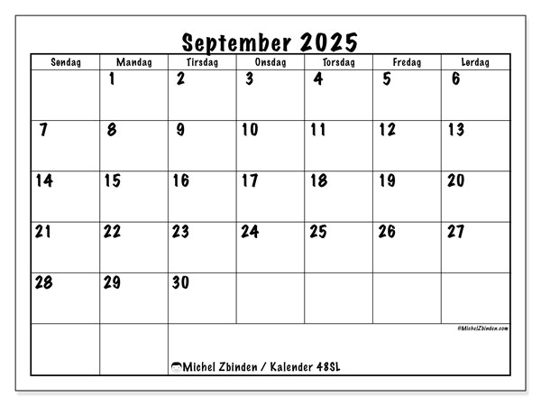 Kalender til udskrivning, september 2025, 48SL