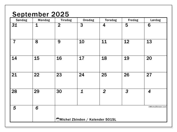 Kalender til udskrivning, september 2025, 501SL