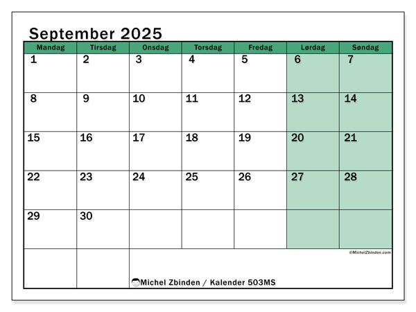 Kalender til udskrivning, september 2025, 503MS
