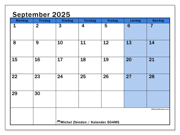 Kalender til udskrivning, september 2025, 504MS