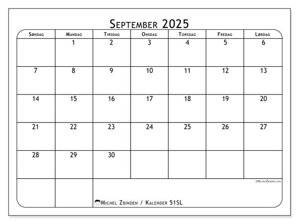 Kalender til udskrivning, september 2025, 51SL