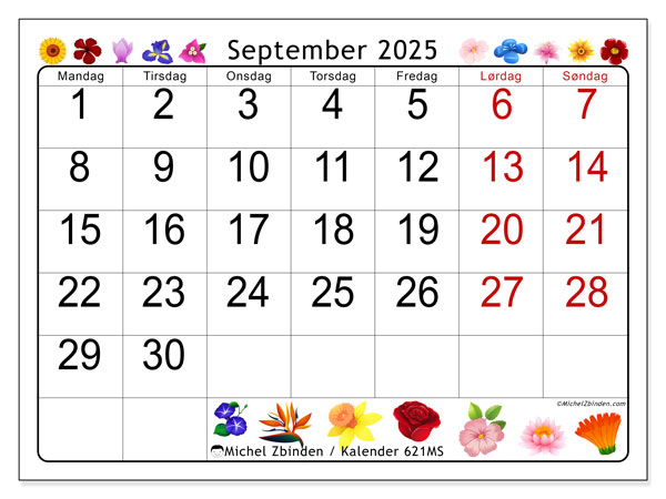 Kalender til udskrivning, september 2025, 621MS
