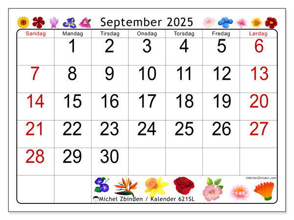 Kalender til udskrivning, september 2025, 621SL
