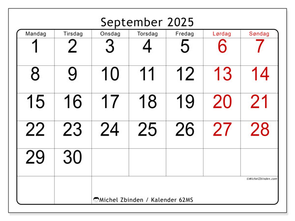 Kalender til udskrivning, september 2025, 62MS