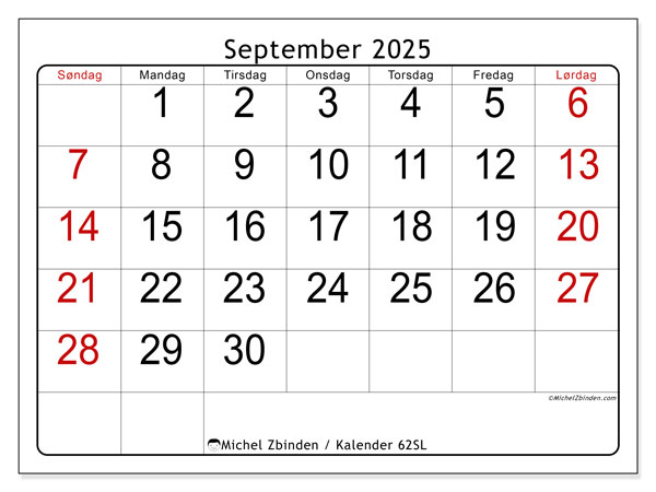 Kalender til udskrivning, september 2025, 62SL