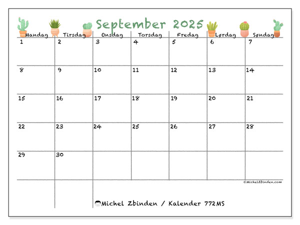Kalender til udskrivning, september 2025, 772MS