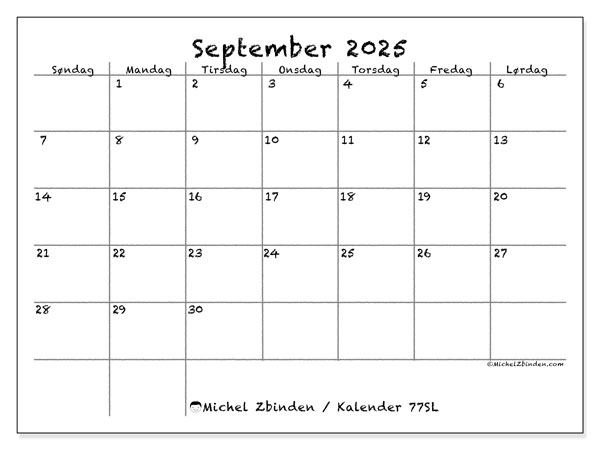 Kalender til udskrivning, september 2025, 77SL