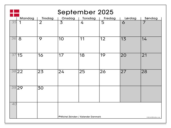 Kalender zum Ausdrucken, September 2025, Dänemark