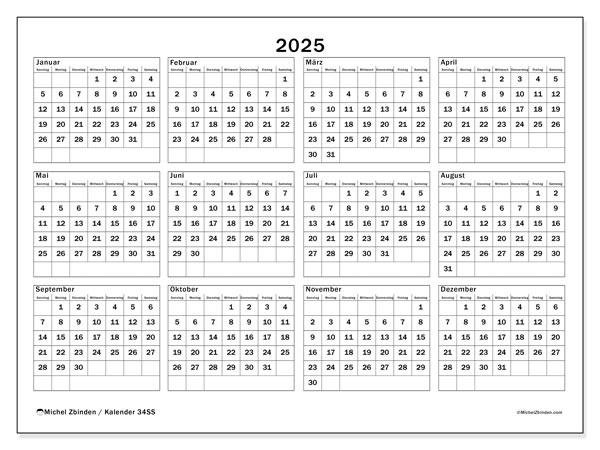 Kalender März 2025 “34”. Programm zum Ausdrucken kostenlos.. Sonntag bis Samstag