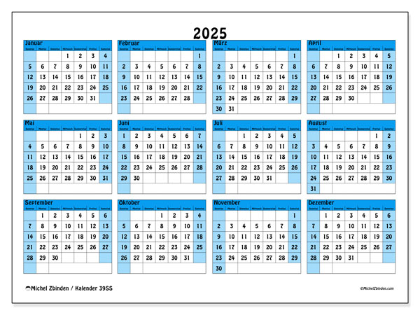 Kalender Jahrlich 2025 “39”. Programm zum Ausdrucken kostenlos.. Sonntag bis Samstag