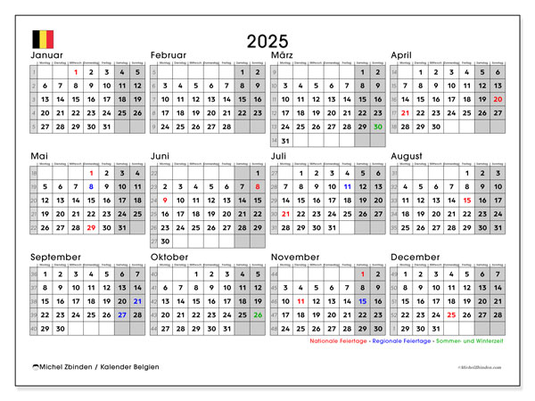 Kalendarz do druku, roczny 2025, Belgia (DE)