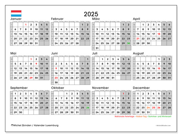 Kalendarz do druku, roczny 2025, Luksemburg (DE)