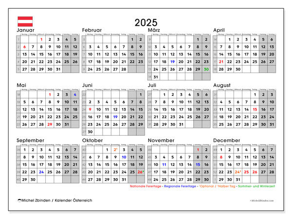 Calendario da stampare, annuale 2025, Austria