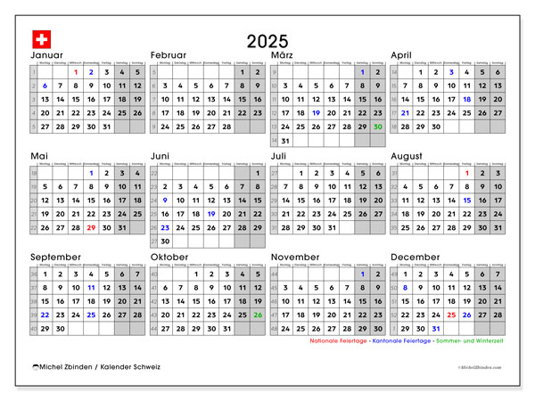 Tulostettava kalenteri, 2025, Sveitsi (DE)