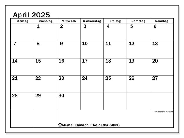 Kalender April 2025 “50”. Plan zum Ausdrucken kostenlos.. Montag bis Sonntag