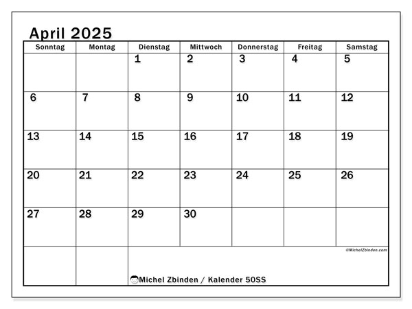 Kalender April 2025 “50”. Kalender zum Ausdrucken kostenlos.. Sonntag bis Samstag