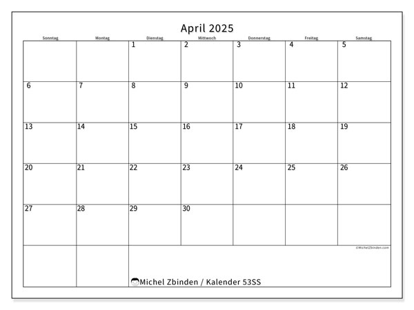 Kalender April 2025 “53”. Plan zum Ausdrucken kostenlos.. Sonntag bis Samstag