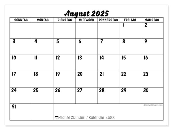 Kalender zum Ausdrucken, August 2025, 45SS