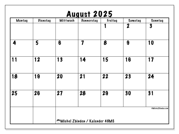 Kalender zum Ausdrucken, August 2025, 48MS