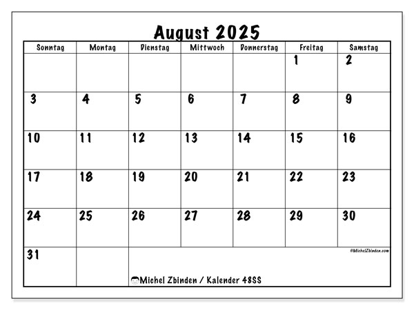 Kalender zum Ausdrucken, August 2025, 48SS