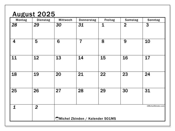 Kalender zum Ausdrucken, August 2025, 501MS