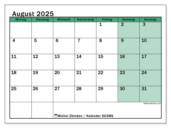 Kalender zum Ausdrucken, August 2025, 503MS