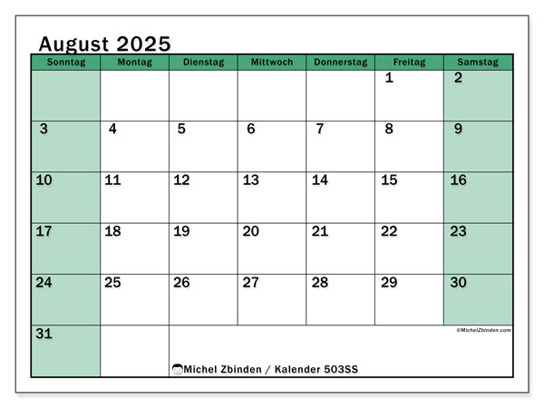Kalender zum Ausdrucken, August 2025, 503SS