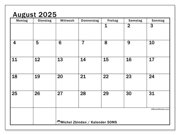 Kalender zum Ausdrucken, August 2025, 50MS