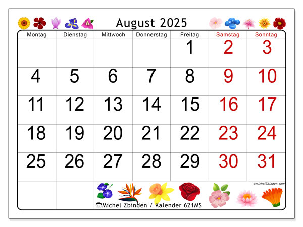 Kalender zum Ausdrucken, August 2025, 621MS