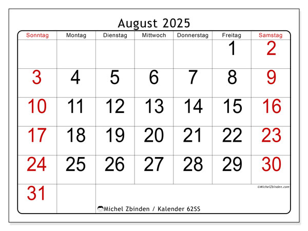 Kalender zum Ausdrucken, August 2025, 62SS