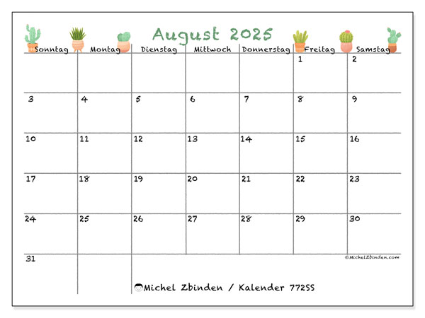 Kalender zum Ausdrucken, August 2025, 772SS
