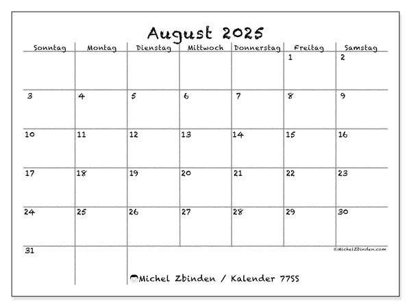 Kalender zum Ausdrucken, August 2025, 77SS