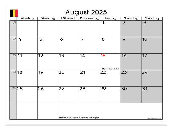 Kalender zum Ausdrucken, August 2025, Belgien