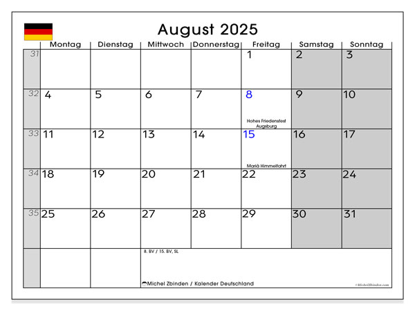 Kalender zum Ausdrucken, August 2025, Deutschland