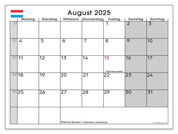 Kalendarz do druku, sierpień 2025, Luksemburg (DE)