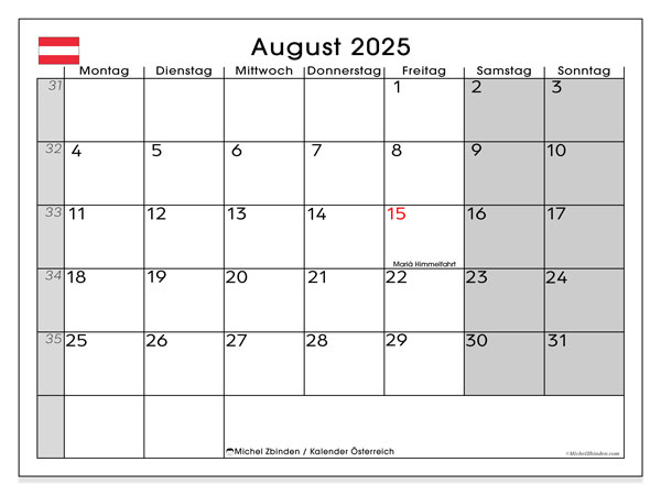 Kalendarz do druku, sierpień 2025, Austria