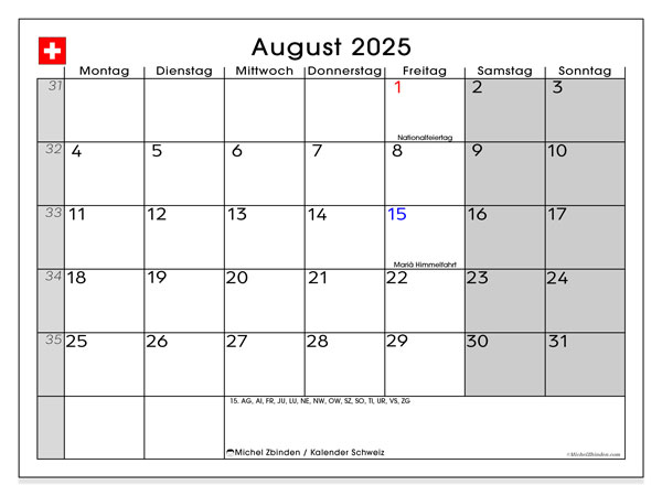 Kalender for utskrift, august 2025, Sveits (DE)