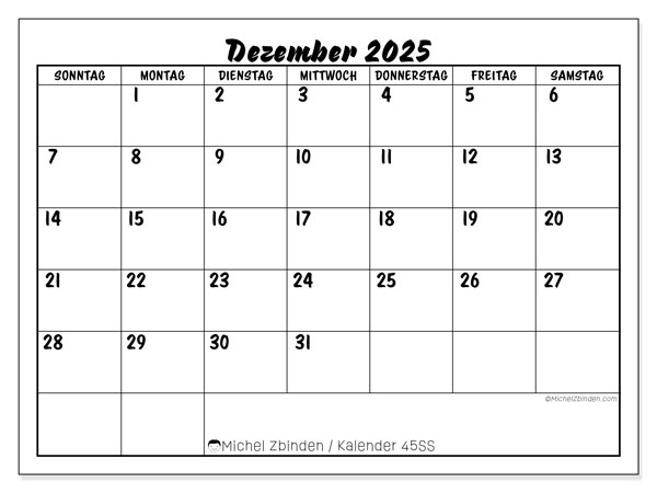 Kalender zum Ausdrucken, Dezember 2025, 45SS