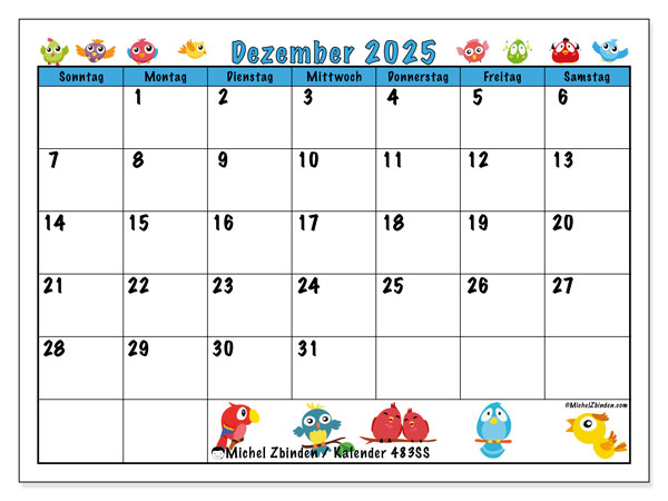 Kalender zum Ausdrucken, Dezember 2025, 483SS