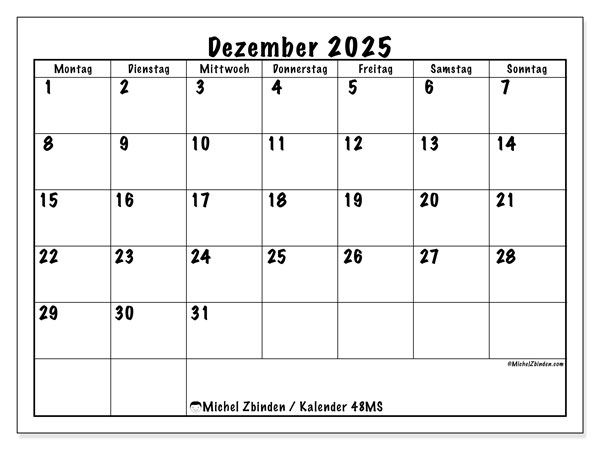 Kalender zum Ausdrucken, Dezember 2025, 48MS