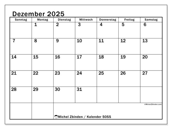 Kalender zum Ausdrucken, Dezember 2025, 50SS