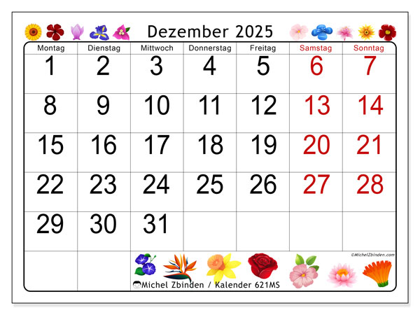 Kalender zum Ausdrucken, Dezember 2025, 621MS