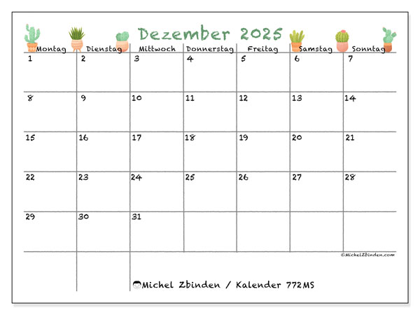 Kalender zum Ausdrucken, Dezember 2025, 772MS