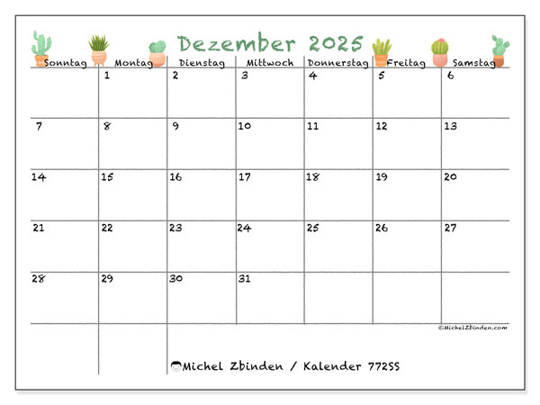 Kalender zum Ausdrucken, Dezember 2025, 772SS