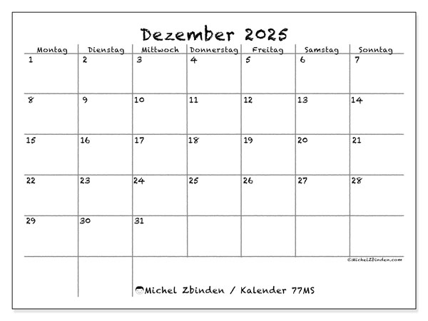 Kalender zum Ausdrucken, Dezember 2025, 77MS