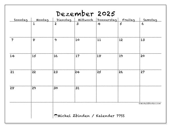 Kalender zum Ausdrucken, Dezember 2025, 77SS