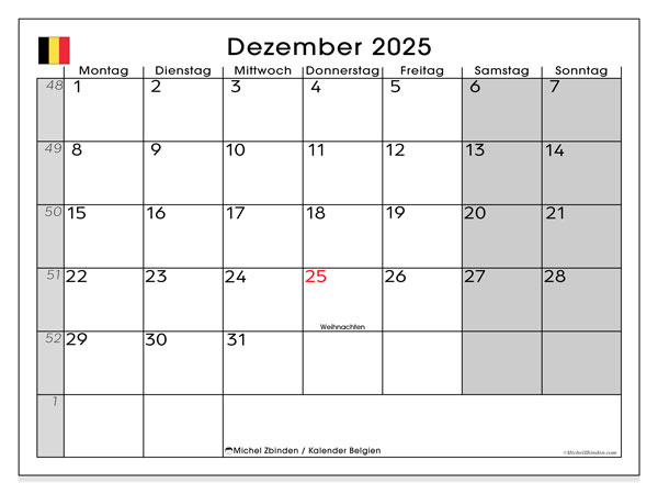 Kalender zum Ausdrucken, Dezember 2025, Belgien