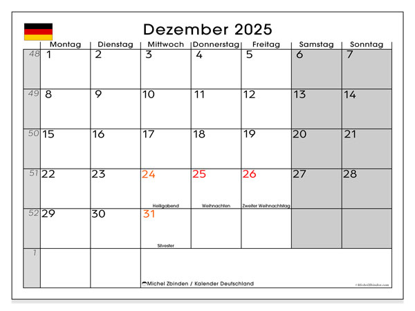Tulostettava kalenteri, joulukuu 2025, Saksa (DE)